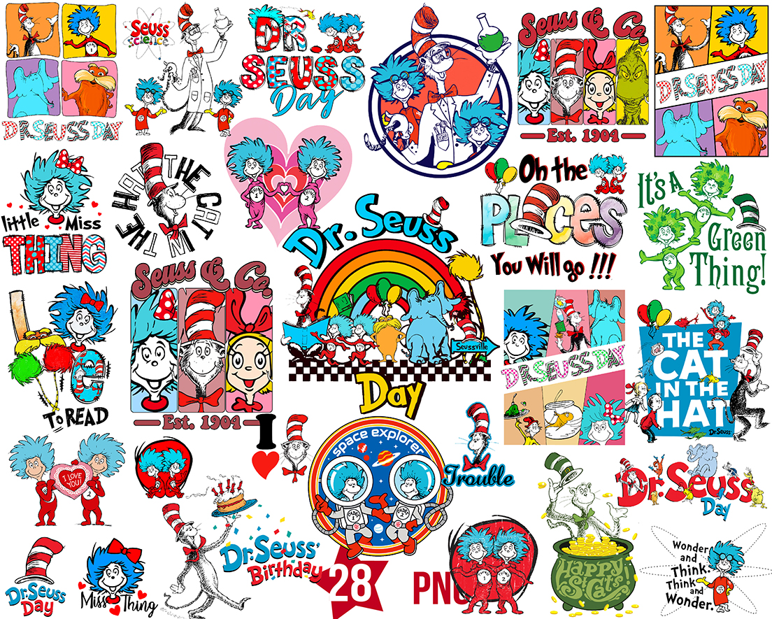 Dr Seuss Day Png Bundle, Cat in the hat Png, Dr Seuss Birthday Png