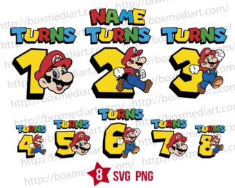 Custom Name Turns Mario Bros Birthday 1st to 8th Svg Bundle